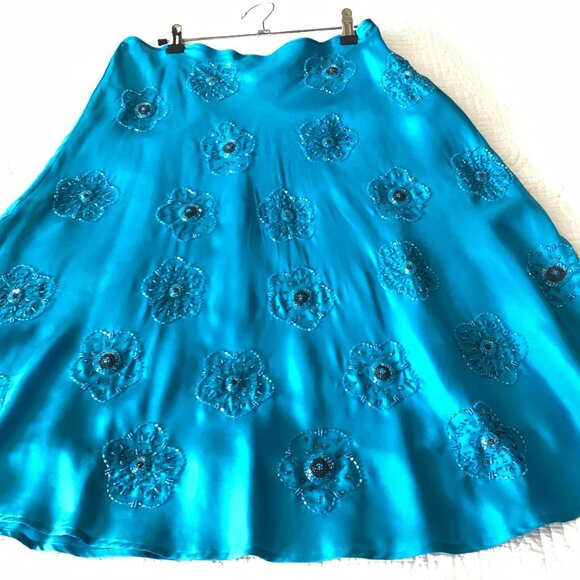 WD.NY Teal Blue 100% Silk Beaded Floral A-Line Skirt Size 12 - Picture 8 of 10
